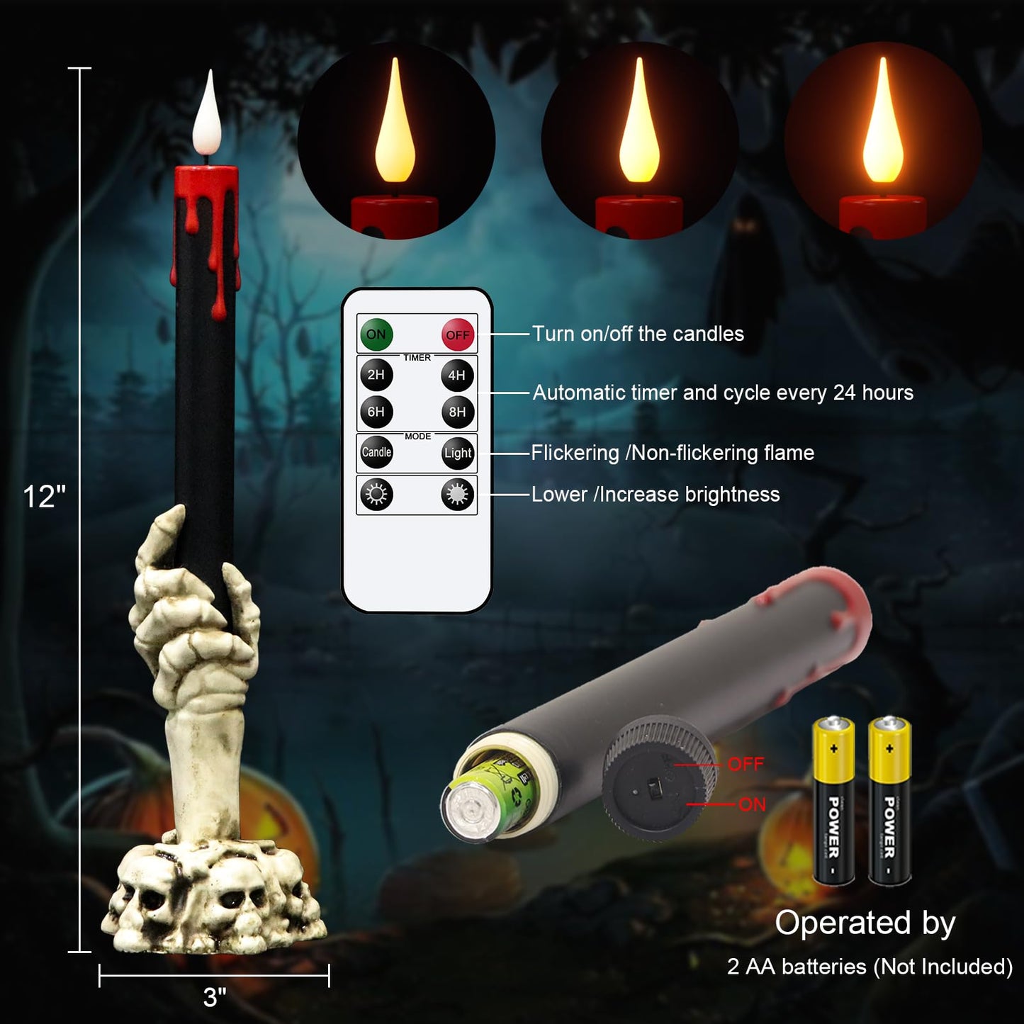 Lasumora Halloween Black Flameless Taper Candles Flickering with Remote Timer, Battery Operated Led Taper Candle, 2 Pcs Drip Wax Candlesticks with Skull Hand Candle Holder for Halloween Decorations