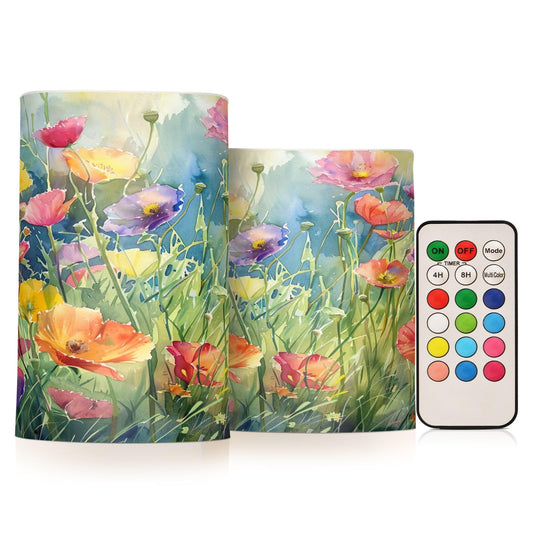 BOESI Watercolor Flower Pattern Flameless Candles Color Changing LED Candles with Remote Control Battery Candles for Outdoor and Indoor Home and Room Decoration, 3'' x 4''/5'' Set of 2 Pieces