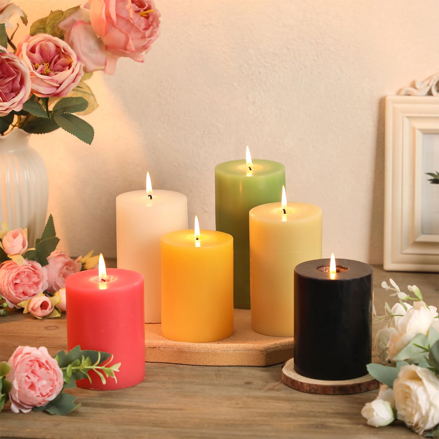 Green Pillar Candles Set of 3 - Spring Green Candles Decorations, Hand-Poured Unscented Candle, Smokeless Decorative Candle for Home, Set of 3 in Different Sizes (4", 5", 6")