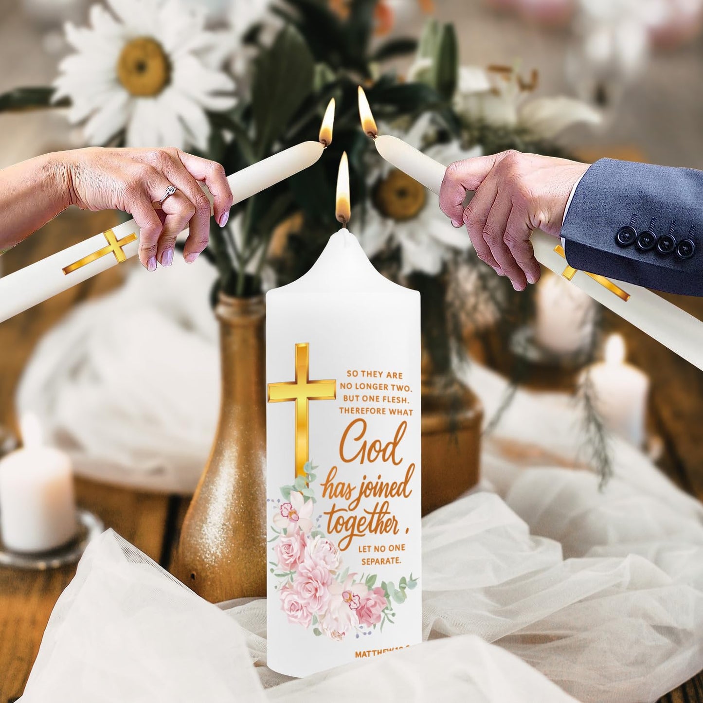 LakWilows Unity Floral Candles for Ceremony with Gold Metal Holder, Wedding Candle with Cross & Scripture, Christian & Catholic Wedding Ceremony Candle for Bride and Groom