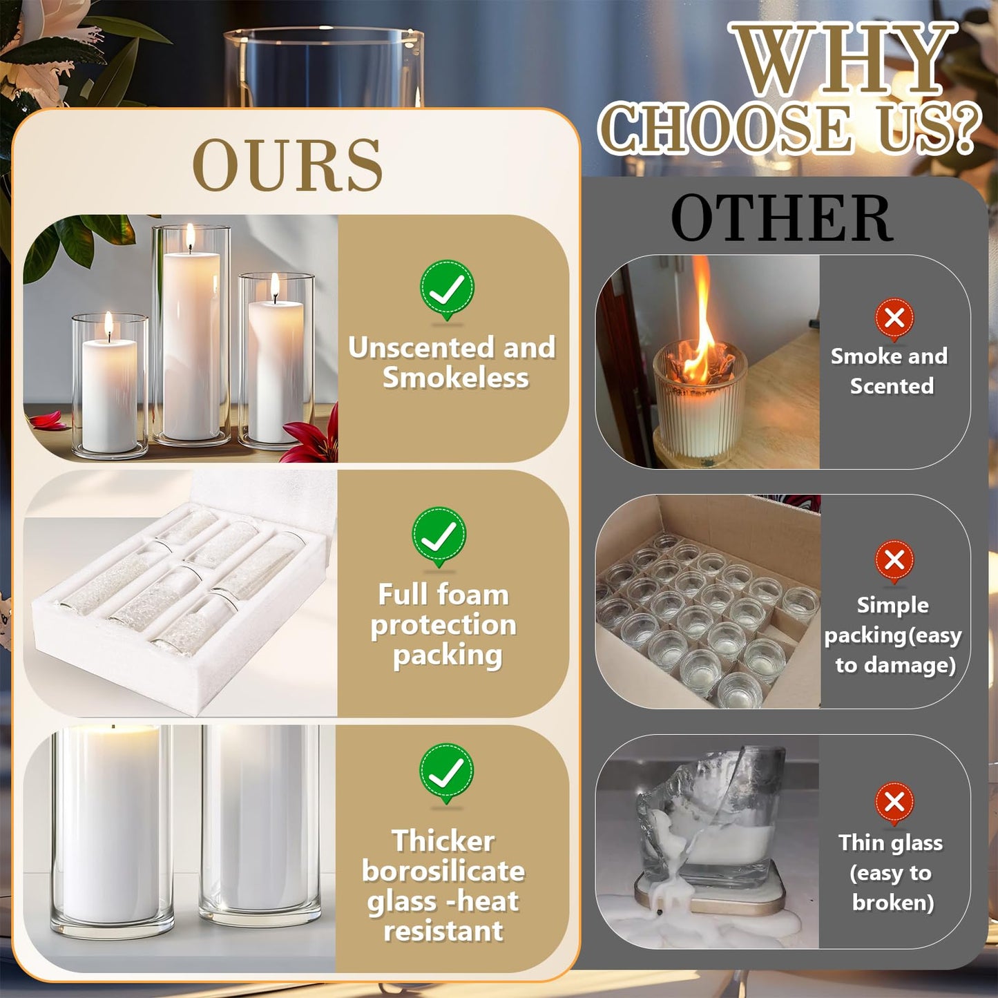 24 PCS Ivory White Pillar Candles with Glass Candle Holders Clear Hurricane Candle Holders Glass Cylinder Vases for Centerpieces Wedding Party, Event, Home Office (12 Candles+12 Candle Hoders)