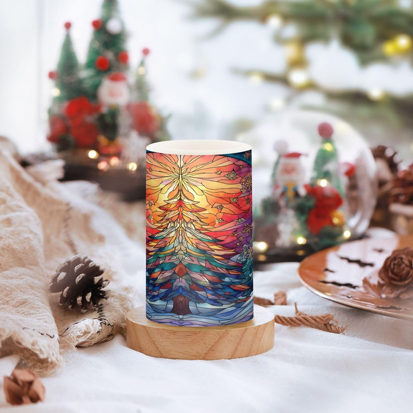ALAZA Stained Glass Christmas Tree Winter Flameless Candles Flickering LED Candles with Remote Timer Battery Operated Pillar Candles Set of 2 for Dinner Holiday Decor