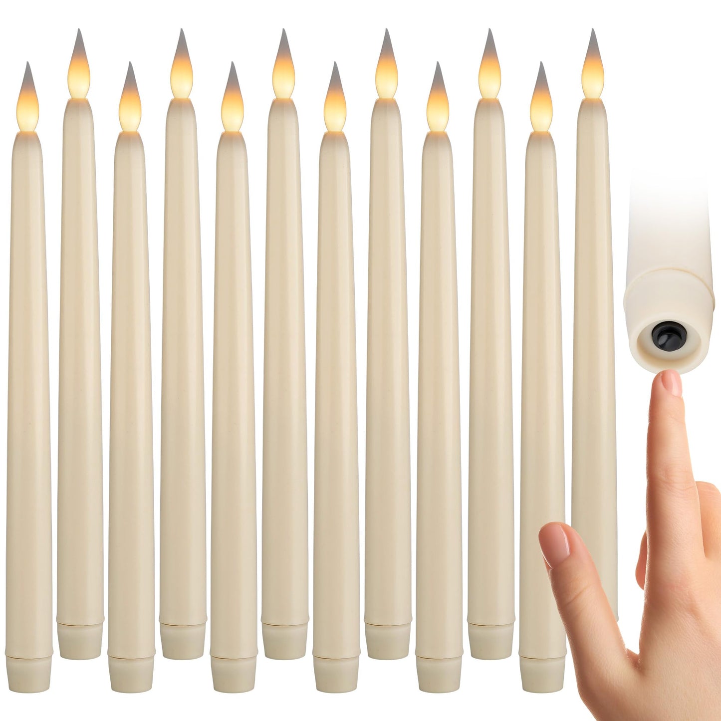 WYZworks 60 Pack, 11" LED Flameless Ivory Taper Flickering Candles Lights, Clickable On/Off Button, Battery Operated Electric Long Tall Candlesticks for Holiday Christmas Candelabra Wedding Window