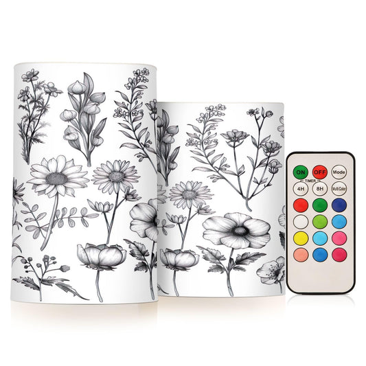 BOESI Graffiti Flower Pattern Flameless Candles Color Changing LED Candles with Remote Control Battery Candles for Outdoor and Indoor Home and Room Decoration, 3'' x 4''/5'' Set of 2 Pieces