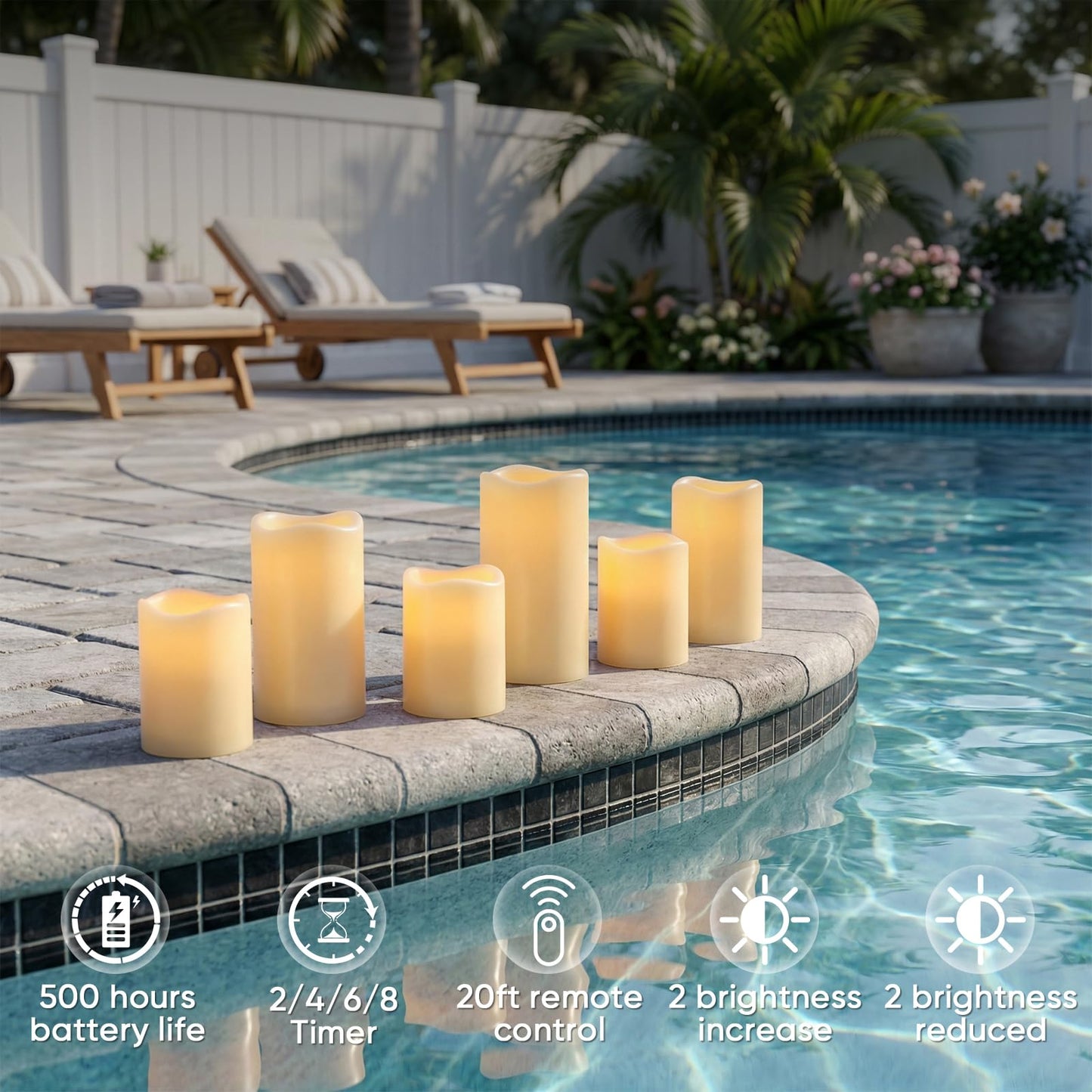 Amagic Outdoor Waterproof Flameless Candles with Timer, Battery Operated Candles with Remote Control, D3 x H4 5" 6" Electric LED Pillar Candle for Outside Patio, Garden, Indoor Decor, Ivory, Set of 3