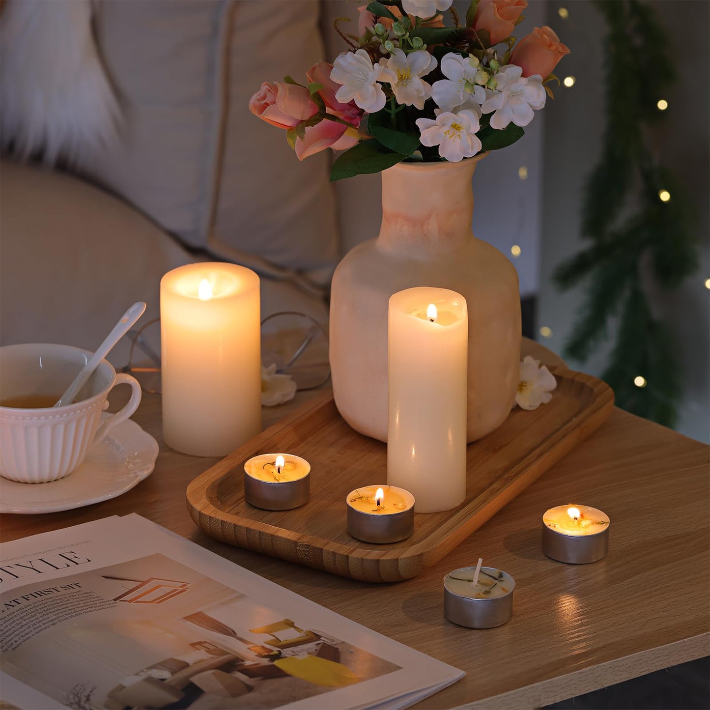 16 Pcs Jasmine Scented Tealight Candles, 6H Long Burning - 100% Palm Wax Based Scented Tea Lights with Dried Flowers, Non-Toxic/Smokeless Scented Tea Lights Candles for Spa, Bath, Wedding