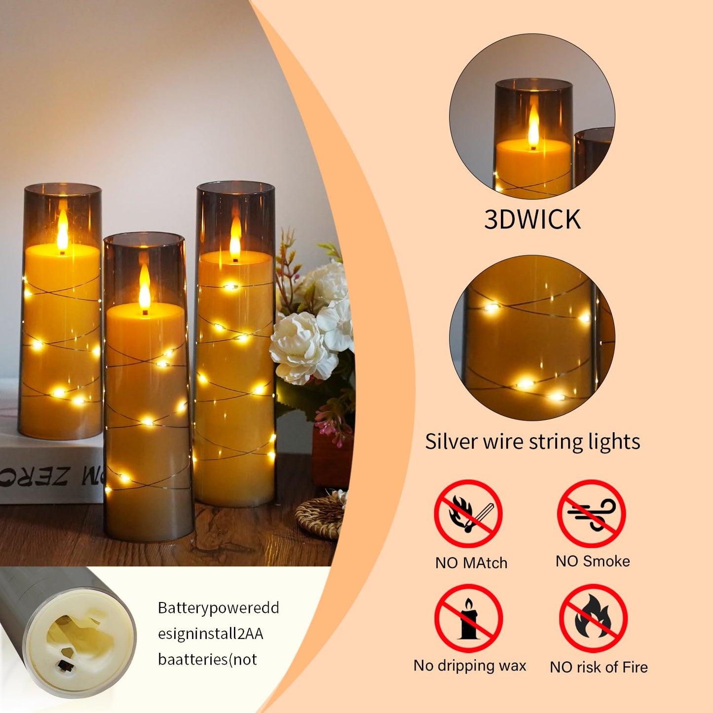 Flameless Candles,with Embedded Star String, Battery Operated Candles Flickering LED Pillar Candles with Remote Control and Timer, Home Decoration Add a Warm and Romantic Atmosphere，Set of 7 (Grey)