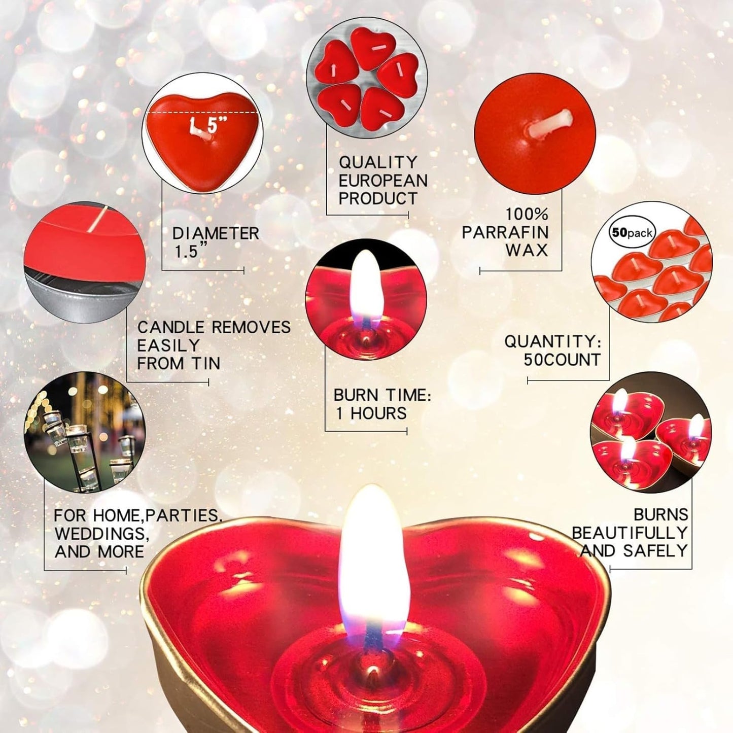 IJRPLM 50 Pack Heart Shaped Tealight Candles, Romantic Love Unscented Tea Lights Candles, Dripless & Long Lasting Smokeless, Mini Tealight Candle for Wedding Party Home Decor, Red