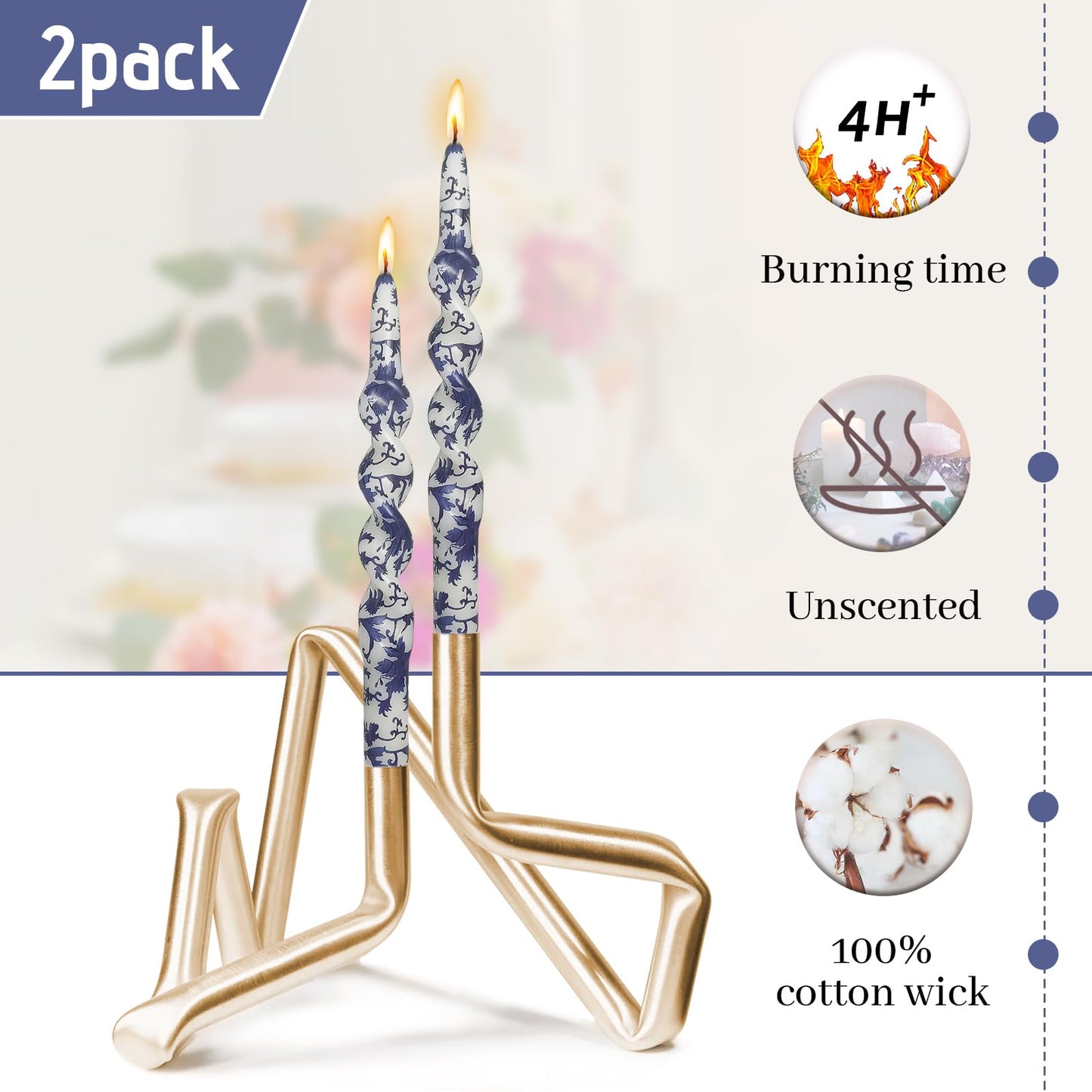 Flowers Printed Taper Candle - Baleagcdl White with Blue Star Flower Candlesticks 10 Inch Drip Handmade Long Tapered Candles for Home Holiday Decor Wedding Gifts - Set of 2