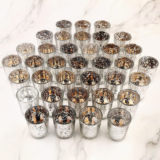 BTGLLAS Silver Mercury Glass Tea Light Holders Set of 36 - Elegant Votive Candle Holders for Weddings, Showers and Home Decor - Perfect for Table Centerpieces and Parties (Glass, Silver)
