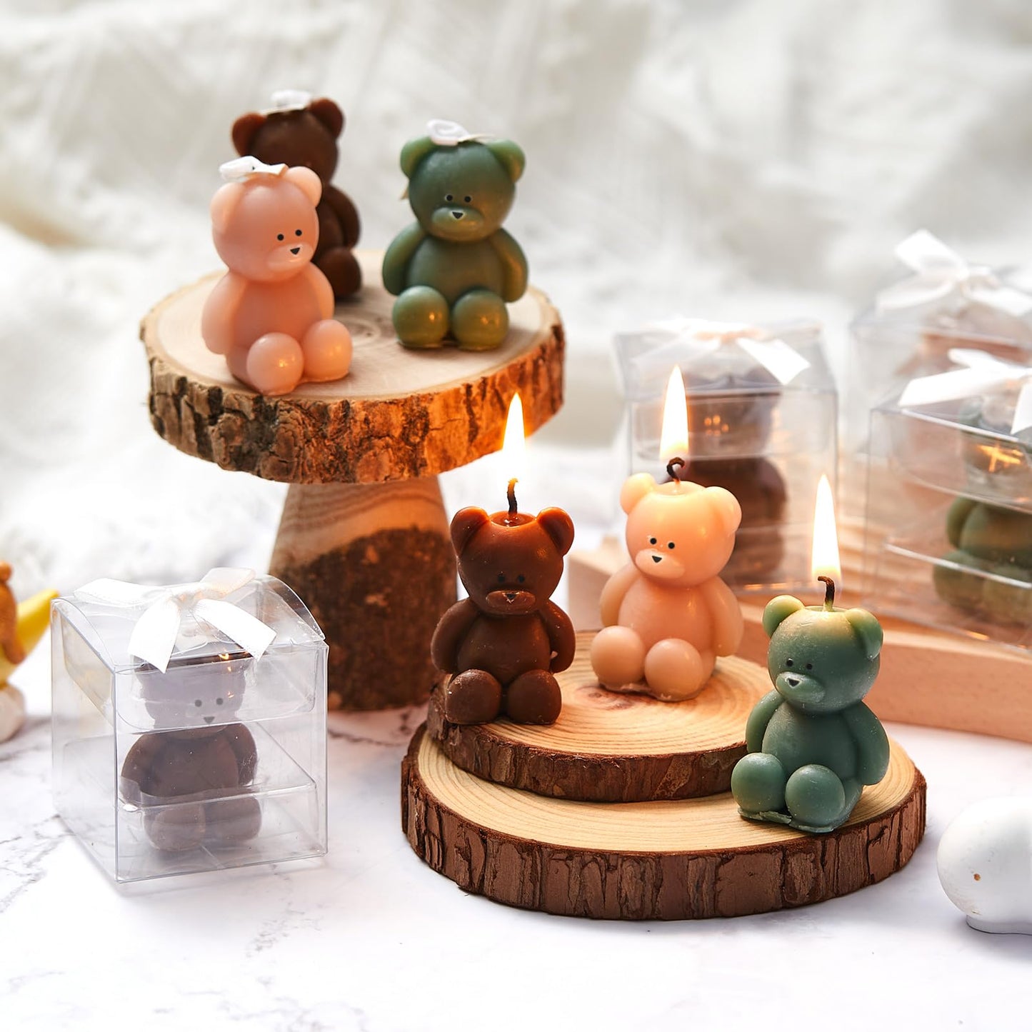 Dansib 50 Pcs Bear Baby Shower Candle Favors for Guest Bear Party Favors Baby Shower Candles Bulk for Gifts Party Decorations (Light Brown,Dark Brown,Green)