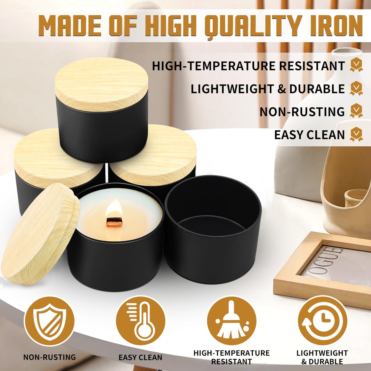 YJHSS 24-Pack 8oz Candle Tins with Wood-Grain Printing Lids, Metal Candle Jars for Candle Making, Empty Containers Vessels Bulk for Small Business & Beginners DIY Storage -Wood Black