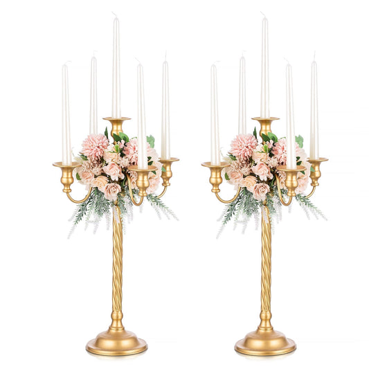 Romadedi Candelabra Gold Candle Stand: 21'' Tall 5-Branch Candlestick Holder for Wedding Centerpiece Decor Christmas Holiday Event Reception Decoration, Set of 2