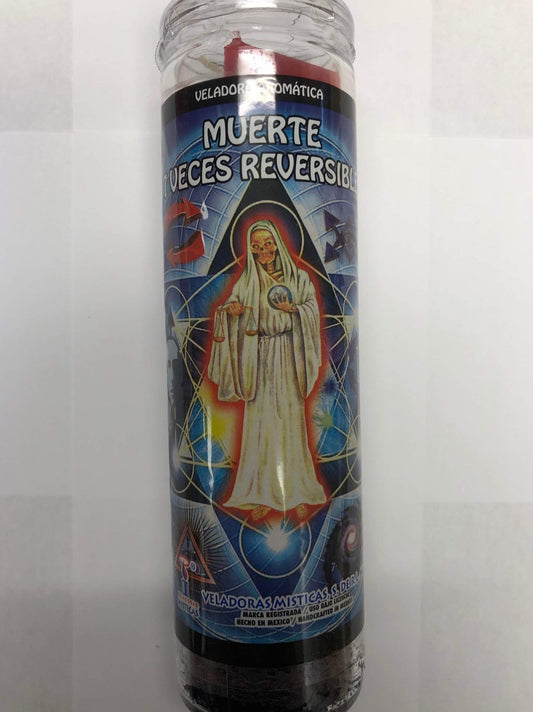 Holy Death 7 Color 7 Times Reversible (Santa Muerte 7 Veces Reversible) Pillar Prepared Scented Candle in Glass