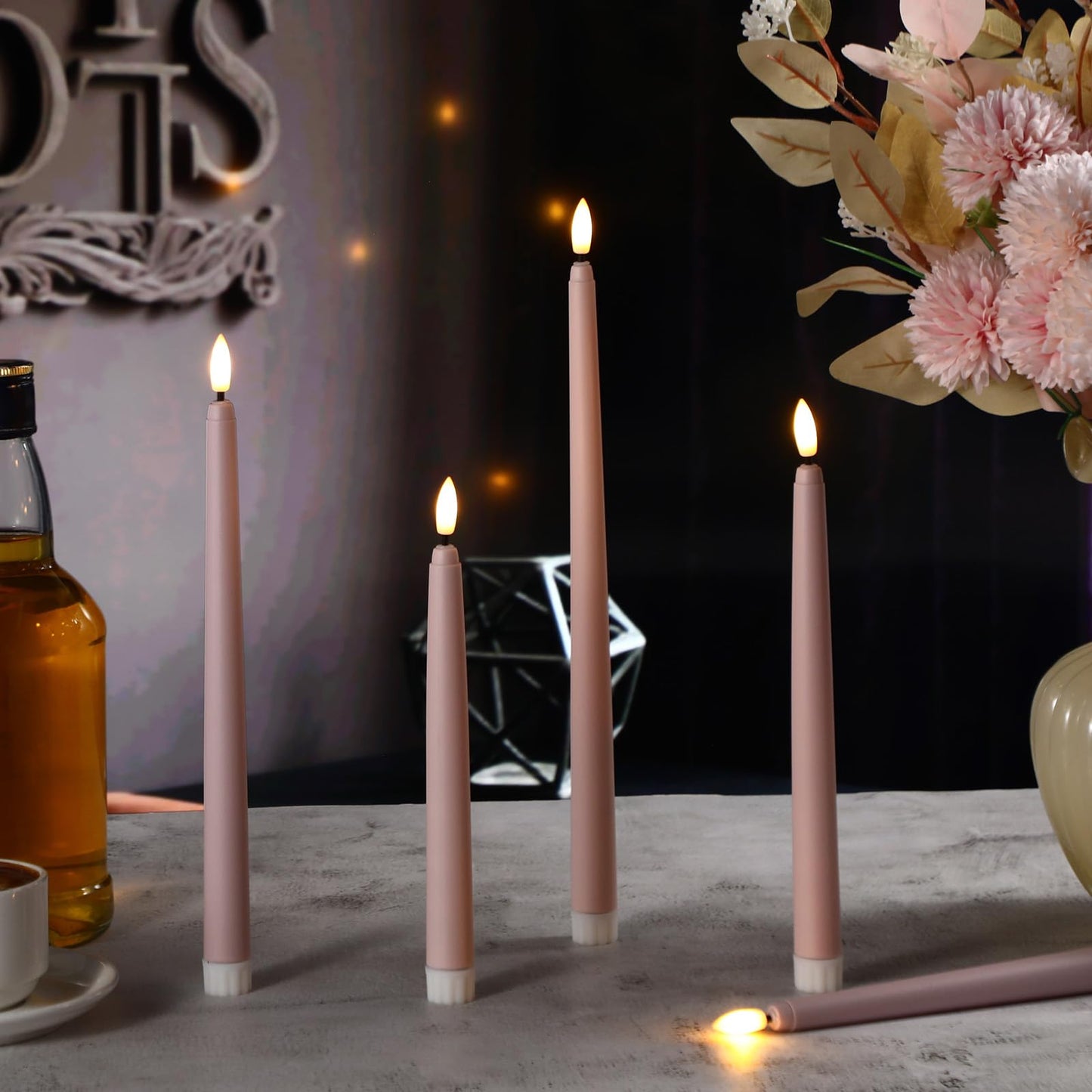 Rossesay 24 Pcs Flameless LED Taper Candles Battery Operated Candle 8.5", 9.65", 10.8", 12.8" Flameless Candlesticks Flickering for Christmas Church Wedding Indoor Decoration(Classic, Dusty Pink)