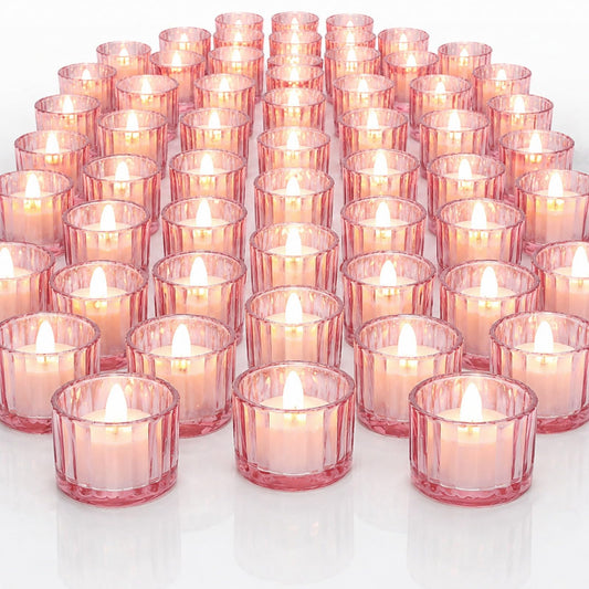 Mumufy 50 Pcs Glass Tealight Candle Holder Ribbed Votive Candle Holder for Centerpiece Wedding Proposal Spa Aromatherapy Meditation Home Decor (Pink)