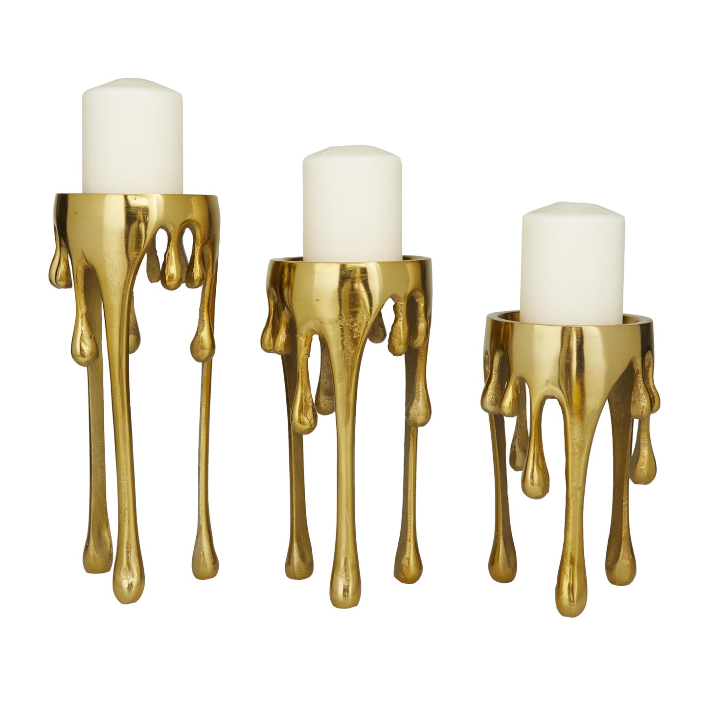 CosmoLiving by Cosmopolitan Aluminum Metal Abstract Decorative Candle Holder Melting Drip Candle Stand, Set of 3 Candlestick Holder 12", 10", 8"H, Gold