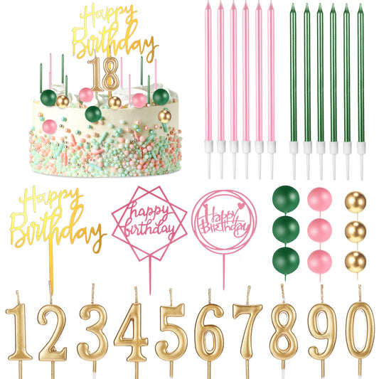 Yerliker 34 Pcs Happy Birthday Cake Toppers Decorations Birthday Candles DIY Cake Decor for Men Women Wedding Anniversary(Gold Green Pink)