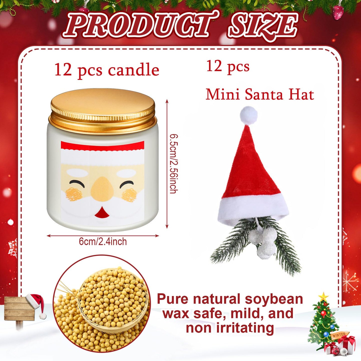 Conelist 24 Pack Christmas Scented Candles Jar Set Include 12 Pcs 7oz Soy Wax Aromatherapy Candles and 12 Pcs Mini Santa Hat Holiday Party Favor Gift Bulk for Women Men Adult Coworker