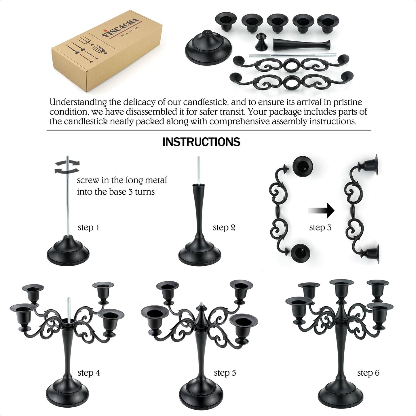Viscacha Metal Candle Holder，5 Arms Pure Black Candle Holders for Pillar Candles（10.6 inch Tall Candlestick Holders, for 1/2-1 inch Taper Candles Diameter Each）,Candelabra Decoration