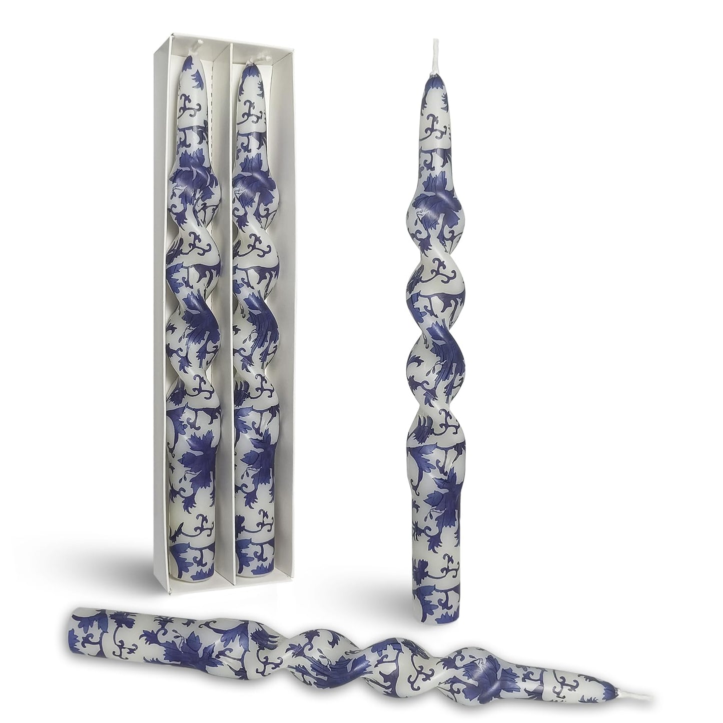Flowers Printed Taper Candle - Baleagcdl White with Blue Star Flower Candlesticks 10 Inch Drip Handmade Long Tapered Candles for Home Holiday Decor Wedding Gifts - Set of 2