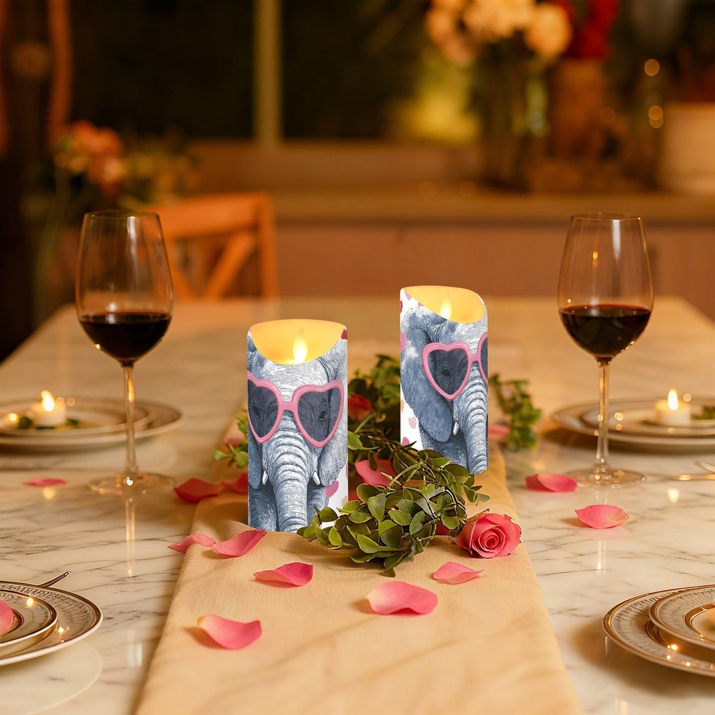 YMXFXP Elephant Love Heart 5.9”x3” Flameless LED Candles with Remote - Set of 2, Battery-Operated Flickering Pillar Candle with Timer for Home Decor - Batteries Not Included