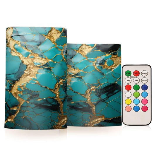 BOENLE Flickering Flameless Candles, Turquoise Golden Marble LED Candles with Remote Timer, Set of 2 Battery Operated Candle for Valentine Wedding Birthday