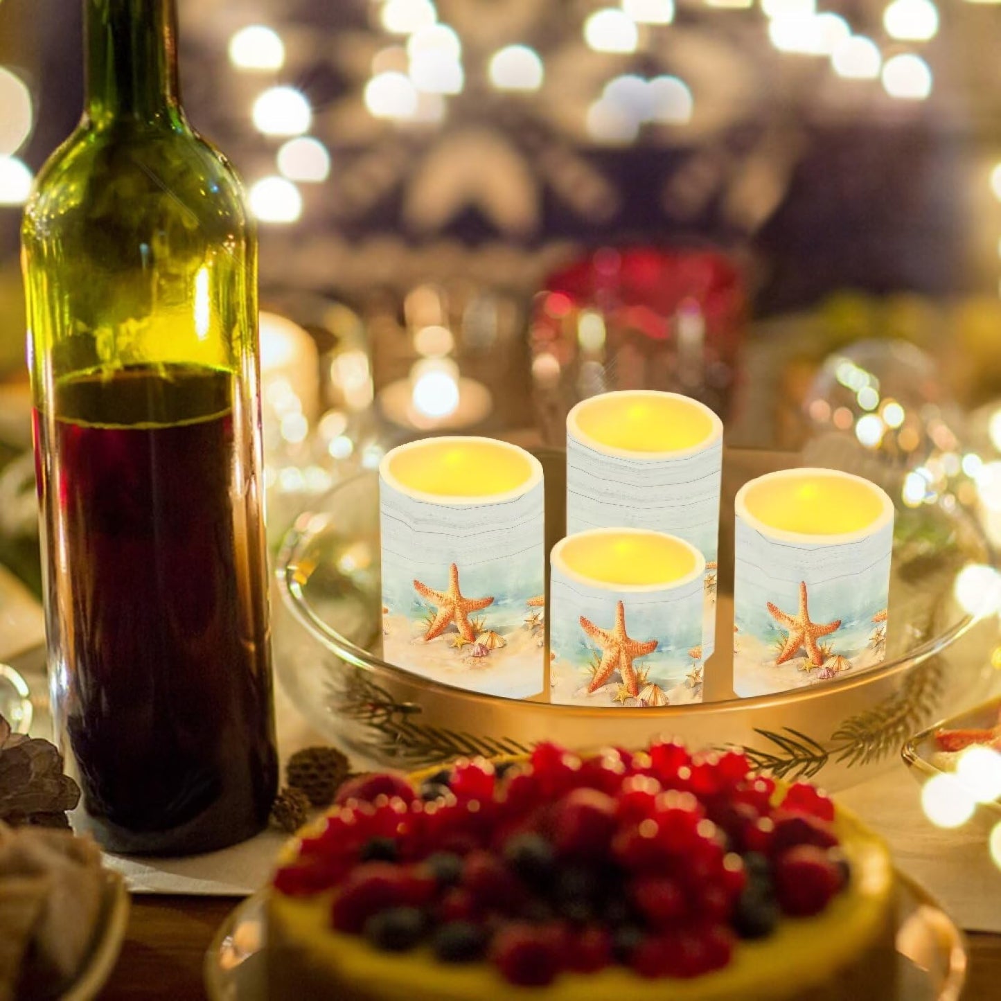 Merkmak Starfish Flameless Candles with Remote and Timers Flickering Battery Operated Candles 4 Pack Outdoor Flameless LED Pillar Lights for Beach Wedding Coastal Room Home Decoration