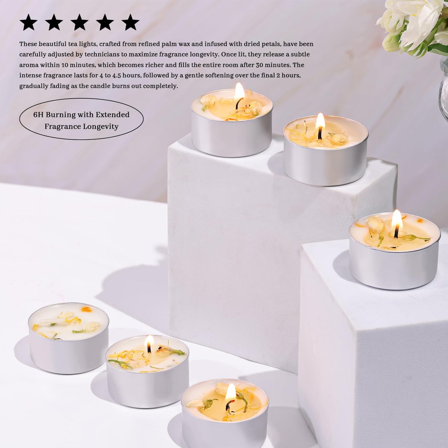 16 Pcs Jasmine Scented Tealight Candles, 6H Long Burning - 100% Palm Wax Based Scented Tea Lights with Dried Flowers, Non-Toxic/Smokeless Scented Tea Lights Candles for Spa, Bath, Wedding