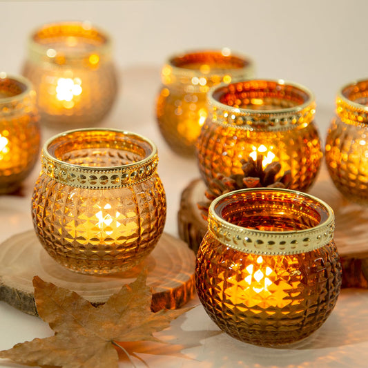 Candle Holder Set of 12, Small Tealight Candle Holder, Vintage Glass Votive Candle Holders for Table Centerpiece Wedding Home Decor Holiday Decor (Amber)