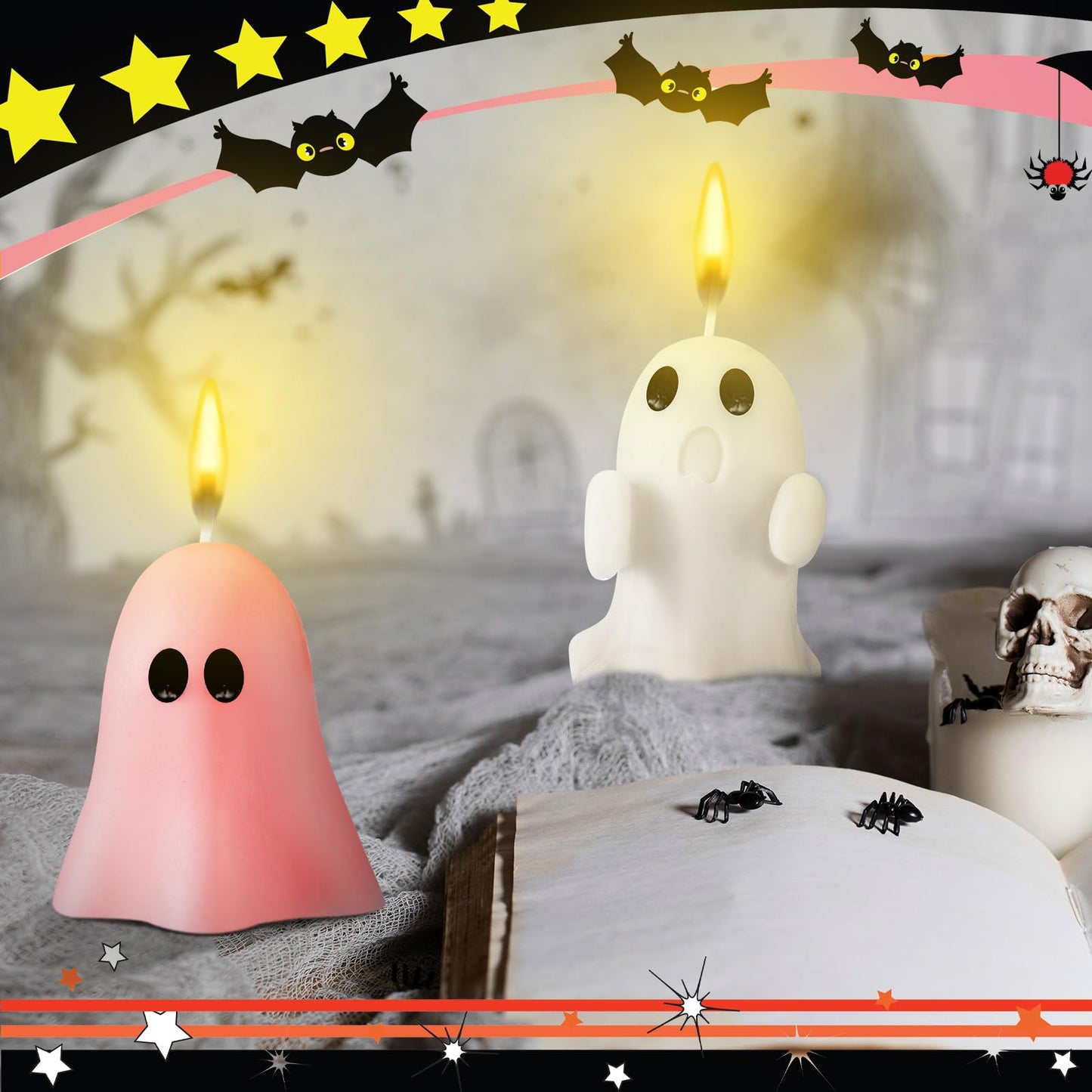 Minatee 4 Pieces Large Pink Halloween Ghost Candles Cute Pastel Spooky Goth Decor Burning Scented Wax Candles Gifts for Boo Basket Stuffers Halloween Room Table Indoor Decorations, 2 Style