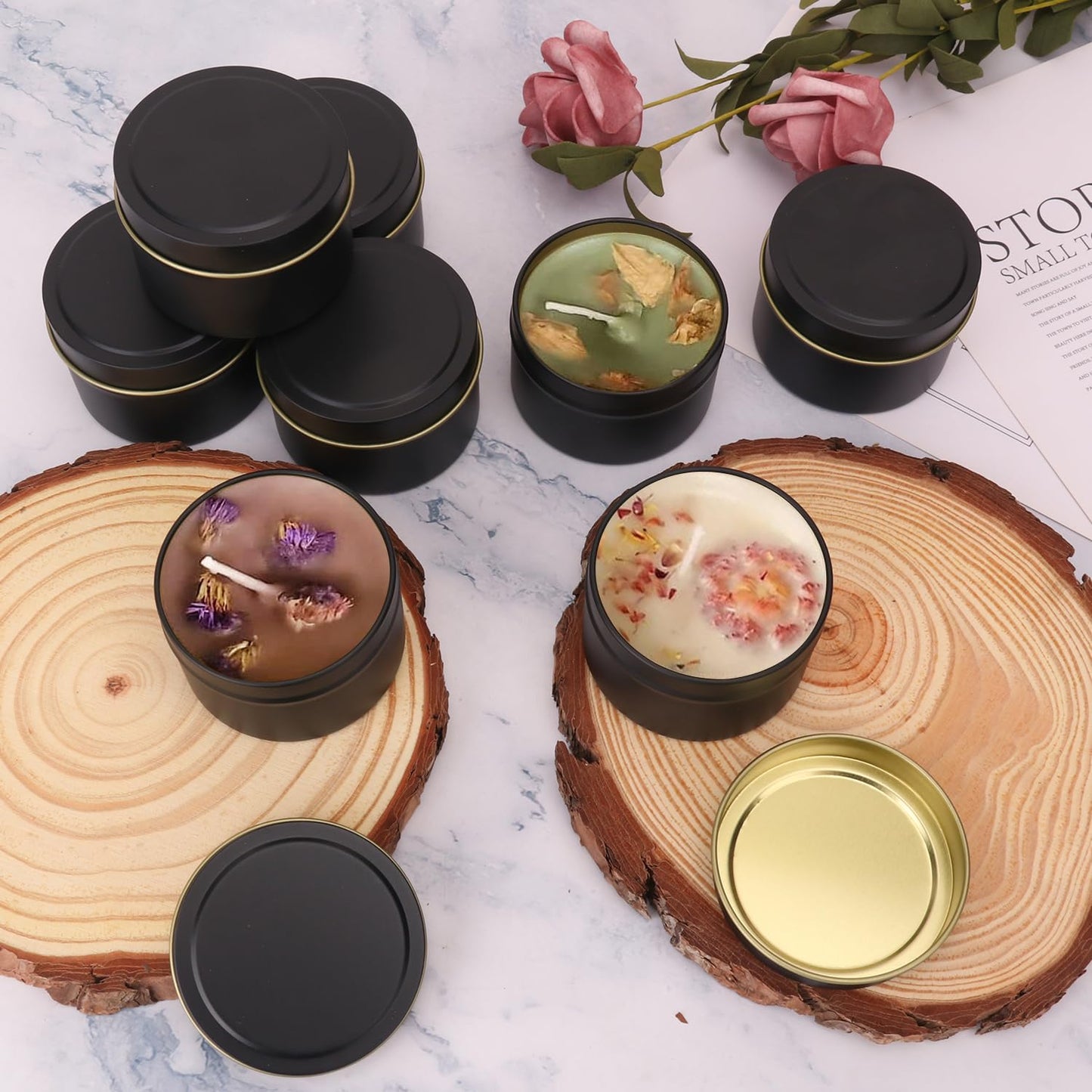 Biugaaufai 48 Pack 4 oz Black Metal Candle Tins with Lids and Wicks, Round Bulk Metal Candle Making Jar, Round 4 oz Candle Tins for DIY Candle Making and Storage