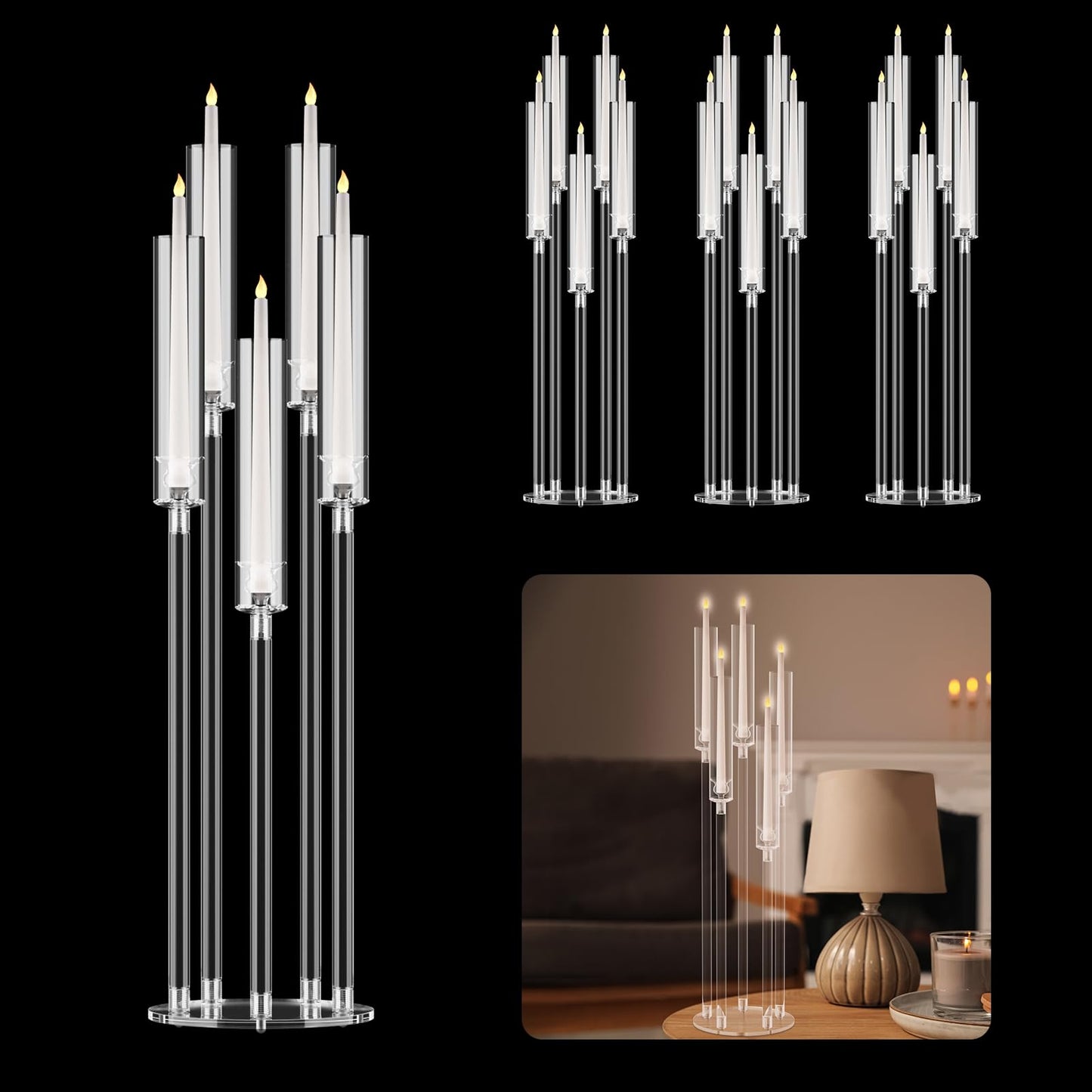 4 Pack Acrylic Candelabra Centerpieces, 5 Arm Clear Candlestick Holder with Acrylic Shade, 3 Height Adjustable Taper Candle Holder for LED Candles (Diameter ≤0.86”), Wedding Table Decoration 8pcs