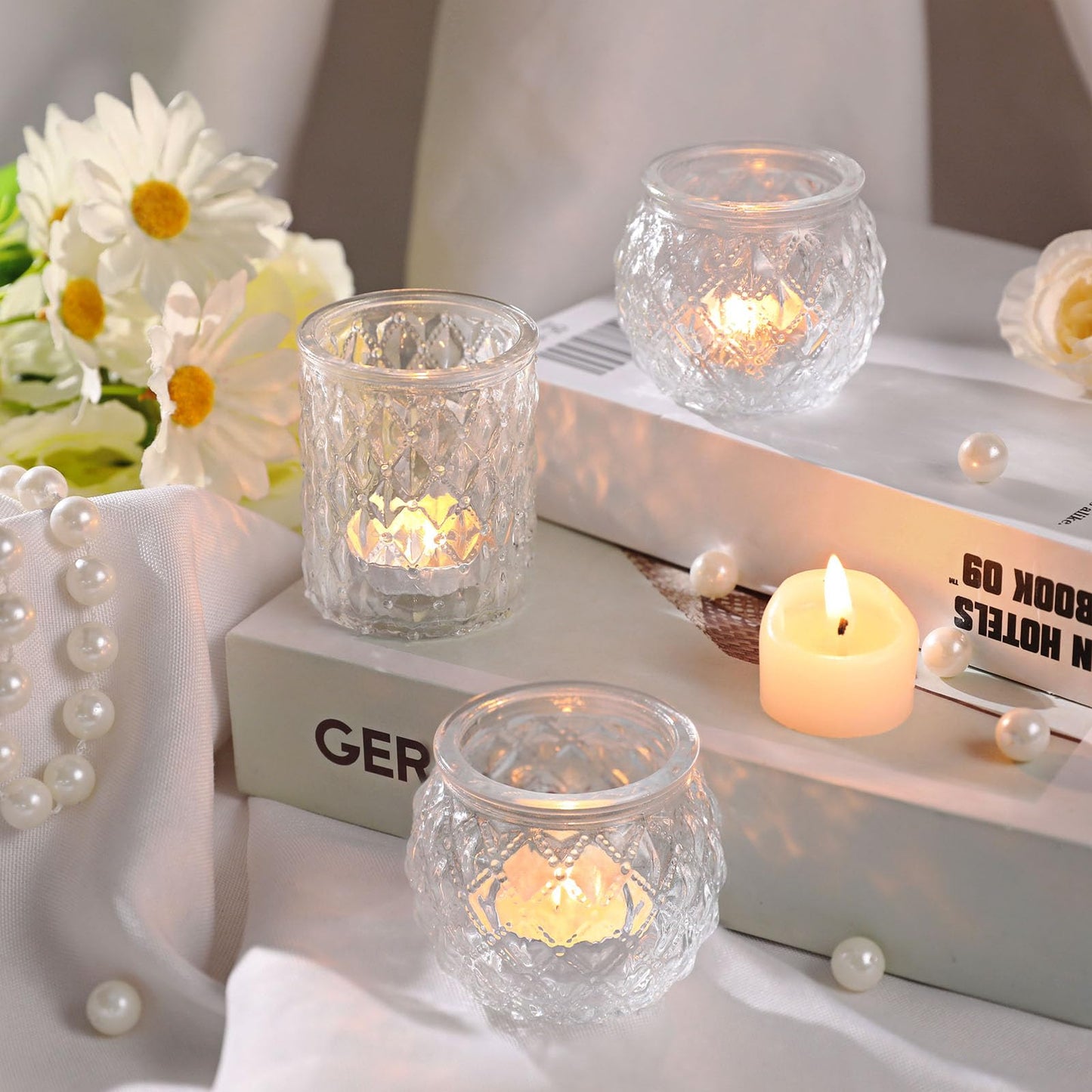 DARJEN Clear Votive Candle Holders Set of 36- Round Glass Candle Holders Bulk for Tea Light Candle, Embossed Candle Votives for Wedding Centerpiece, Various Parties & Home Decor (Pack of 4)
