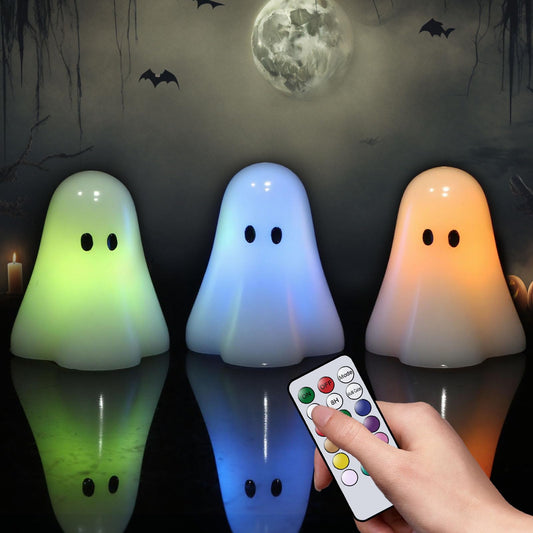 DRomance Halloween Ghost Flameless Candles Battery Operated with 18-Key Remote and Timer Set of 3 Real Wax Color Changing LED Flickering Candles Spooky Halloween Indoor Decoration(3" D x 3.5" H)