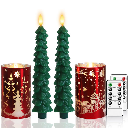 Hinabichan Christmas Tree Shaped Flameless Candlesticks Battery Operated with Remote and Timer, Set of 4 Real Wax Candles Warm Color Flickering Light for Xmas Decoration Gift