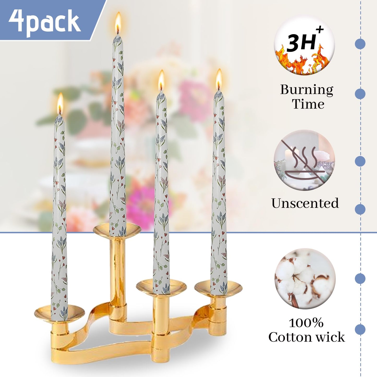 Floral Candle Sticks Set of 4 Handmade Taper Candle 10 Inch Long Candlesticks Hyacinth Printed Tapered Candles for Home Wedding Holiday Party Decor