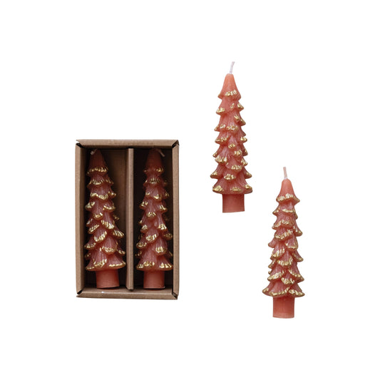 Creative Co-Op Unscented Textured Tree Shaped Taper Candles with Gold Tips in Box, Coral Color, Set of 2