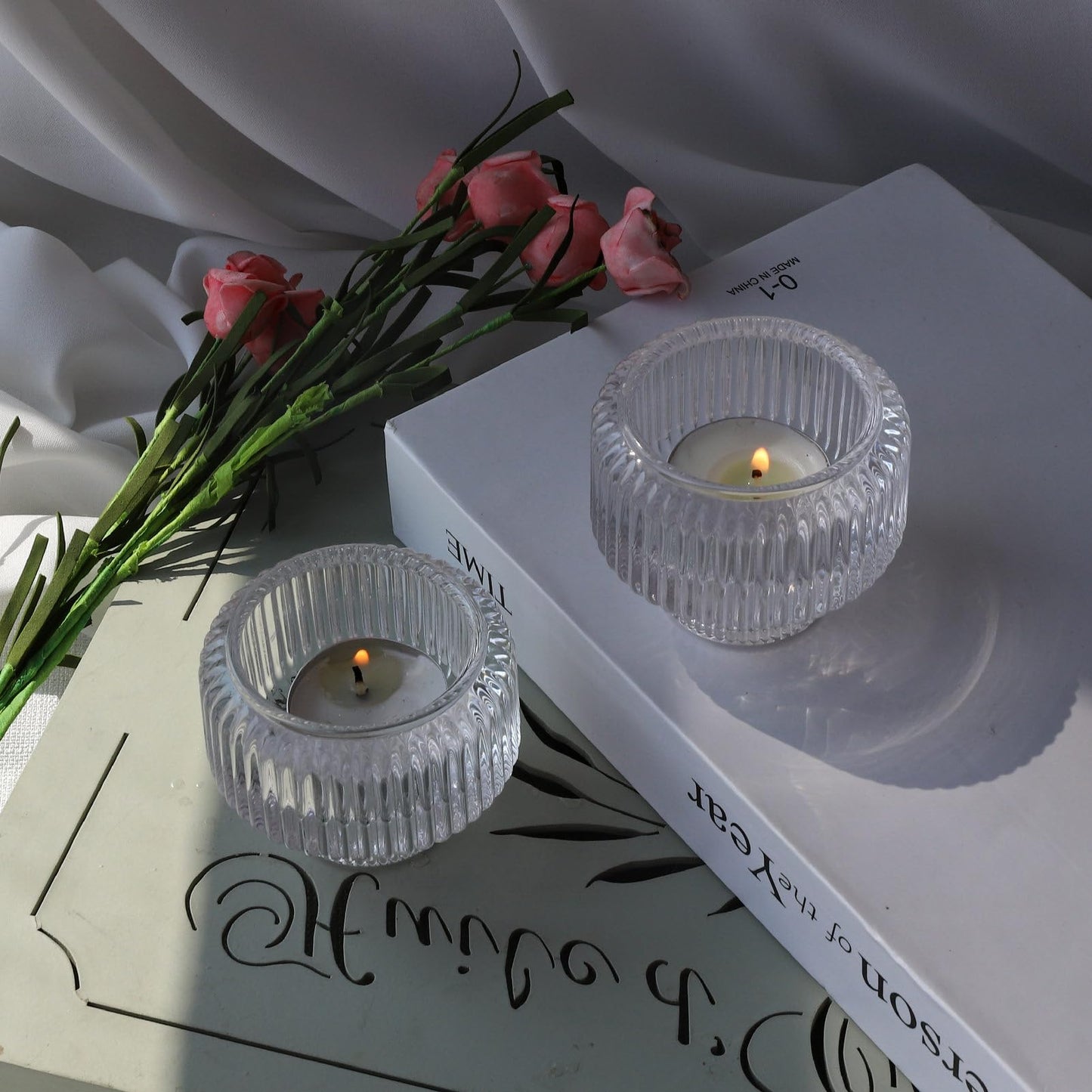 Woho Candle Stick Candle Holder Set of 4, Clear Taper Candle Holders for Wedding Table Centerpiece, Ribbed Glass Votive Candle Holders for Christmas Party Home Decor