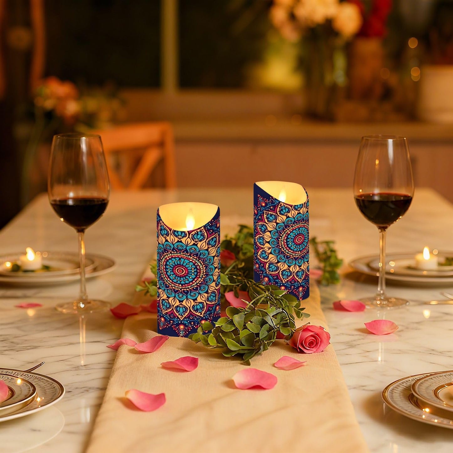 Gravopti Mandala Pattern 2 Pack Flameless LED Pillar Candles with Remote & Timer, Battery Operated, Flickering Wax Candle for Wedding, Romantic Home & Party Decor