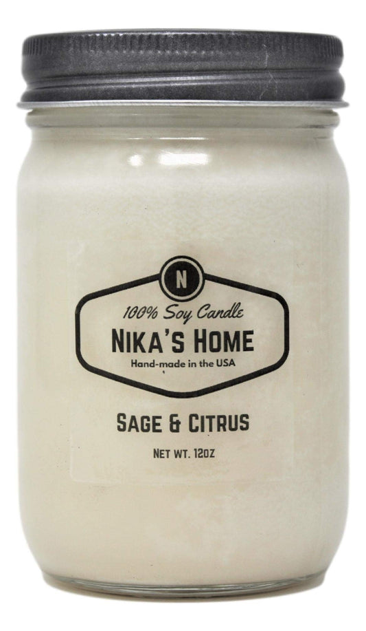 Nika's Home Sage & Citrus Soy Candle - 12oz Mason Jar - Non-Toxic - Hand Poured in The USA, Long Burning 50-60 Hours Highly Scented All Natural, Clean Burning