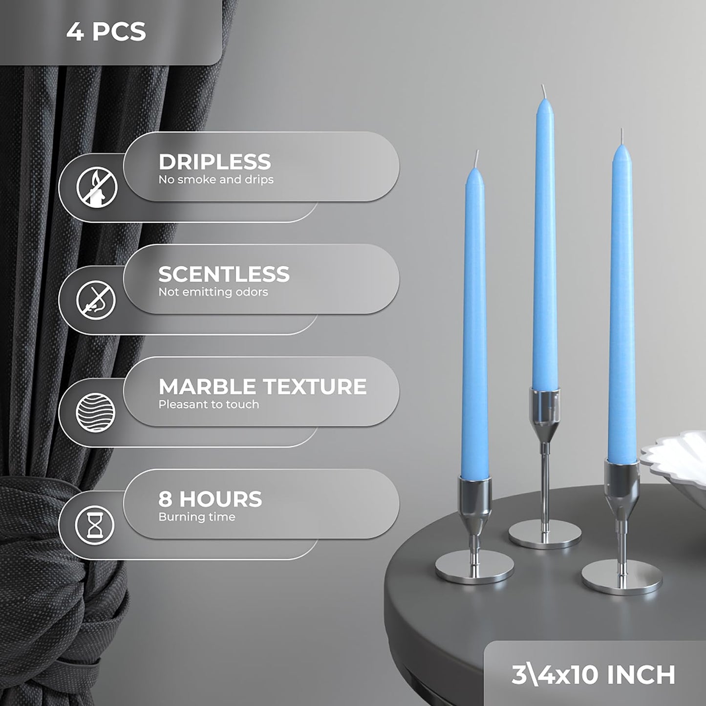 CANDWAX Light Blue 10 inch Taper Candles Set of 4 - Unscented Smokeless Dripless Tapers for Dinner Table, Home Decor, Easter Decor, Party, Wedding and Ordinary Dinners - Spring Candles