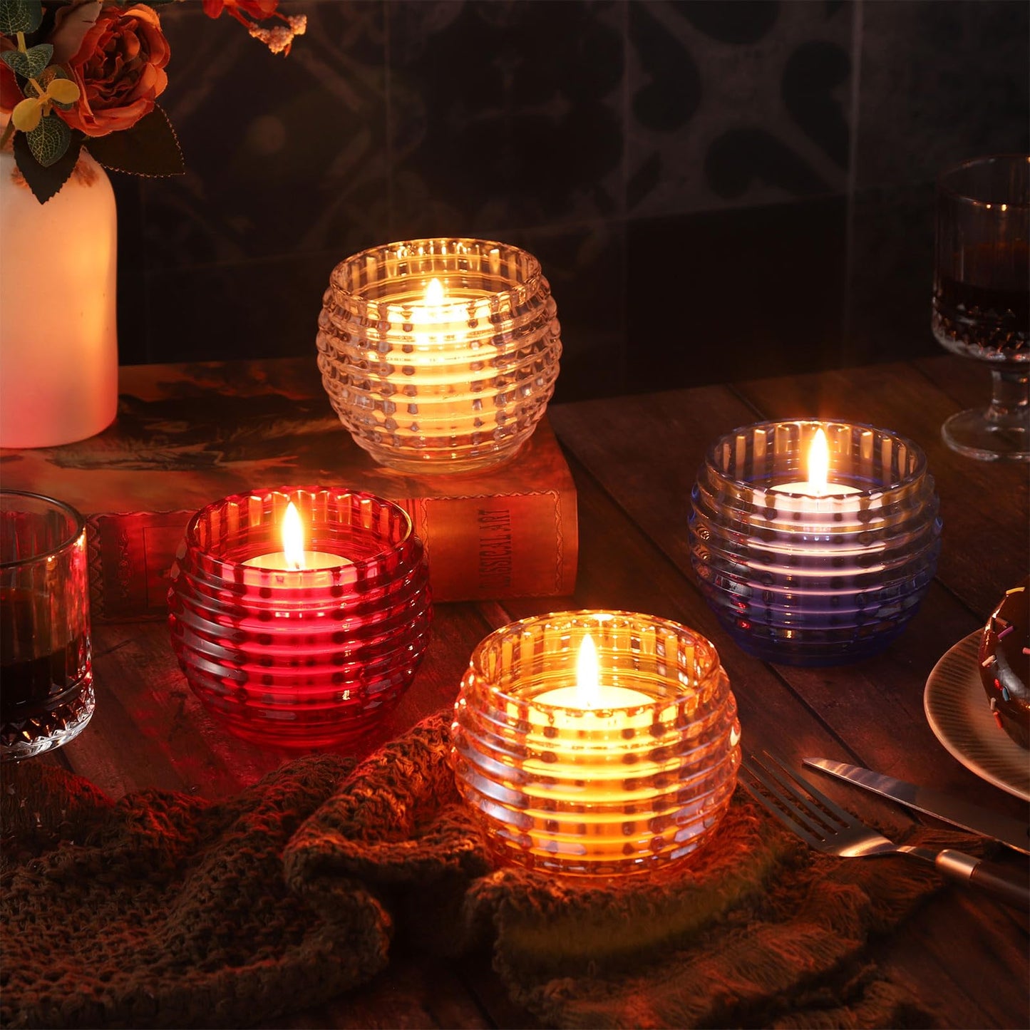 TkoYuHm 2 Pack Red Glass Votive Candle Holders for Home Decor Round Bubble Tea Light Holder for Valentine’s Day Table Centerpiece Wedding