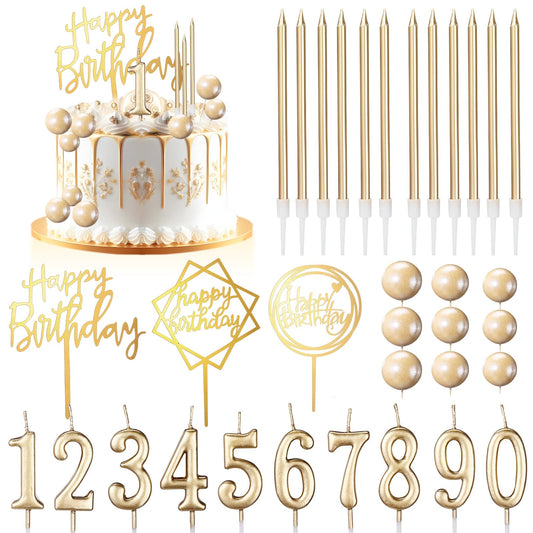 Yerliker 34 Pcs Happy Birthday Cake Toppers Decorations Birthday Candles DIY Cake Decor for Men Women Wedding Anniversary(Champagne)