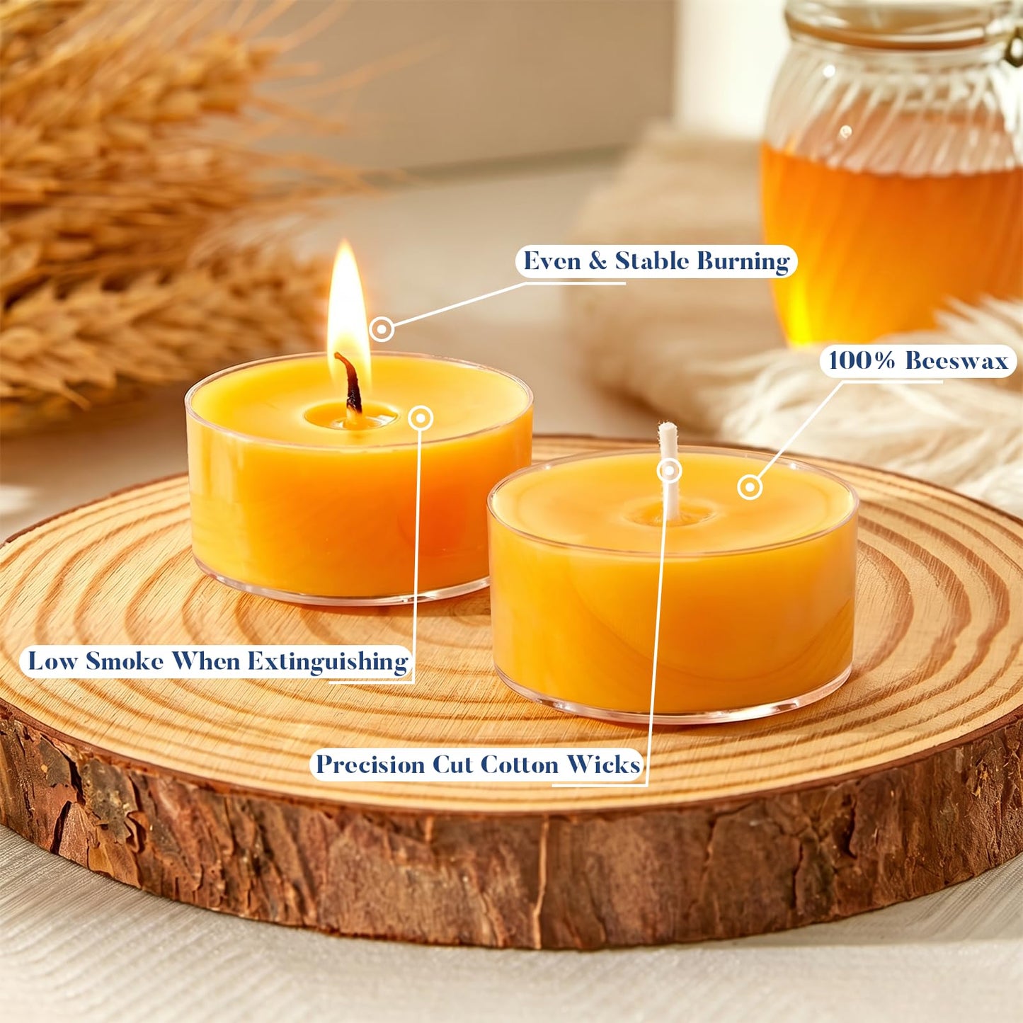 Crenovo Tea Lights Beeswax 24 Pack, 8-Hour 100% Pure Bees Wax Tealight Candles, Smokeless Unscented Votive Cup Candles for Home Spa Meditation Relaxation
