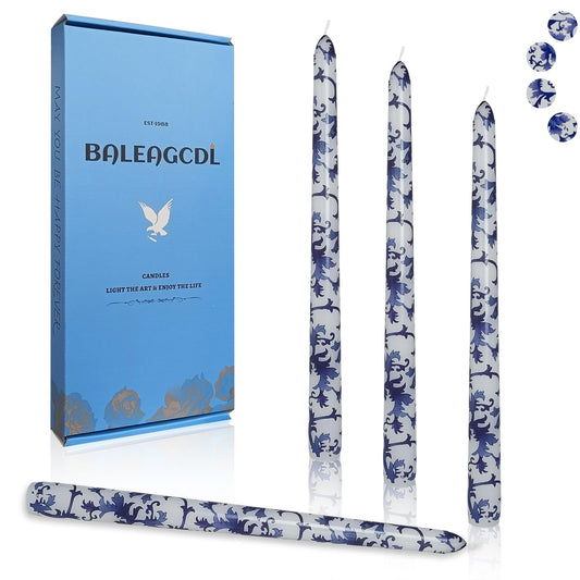 Foloral Prints Taper Candles Blue and White Porcelain Handmade Candle 10 Inch Unscented Long Candlesticks Smokelss for Decor & Gifts Set of 4
