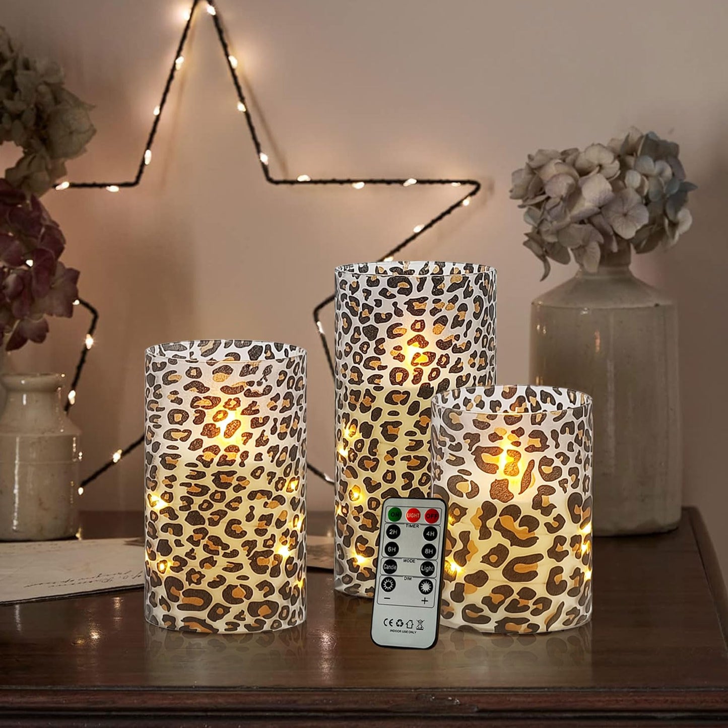 Flickering Flameless Candles Leopard Print Embedded Star String Lights, Battery Operated Acrylic LED Pillar Candles with 11-Key Remote and Timer for Home Decoration, 3 Pack
