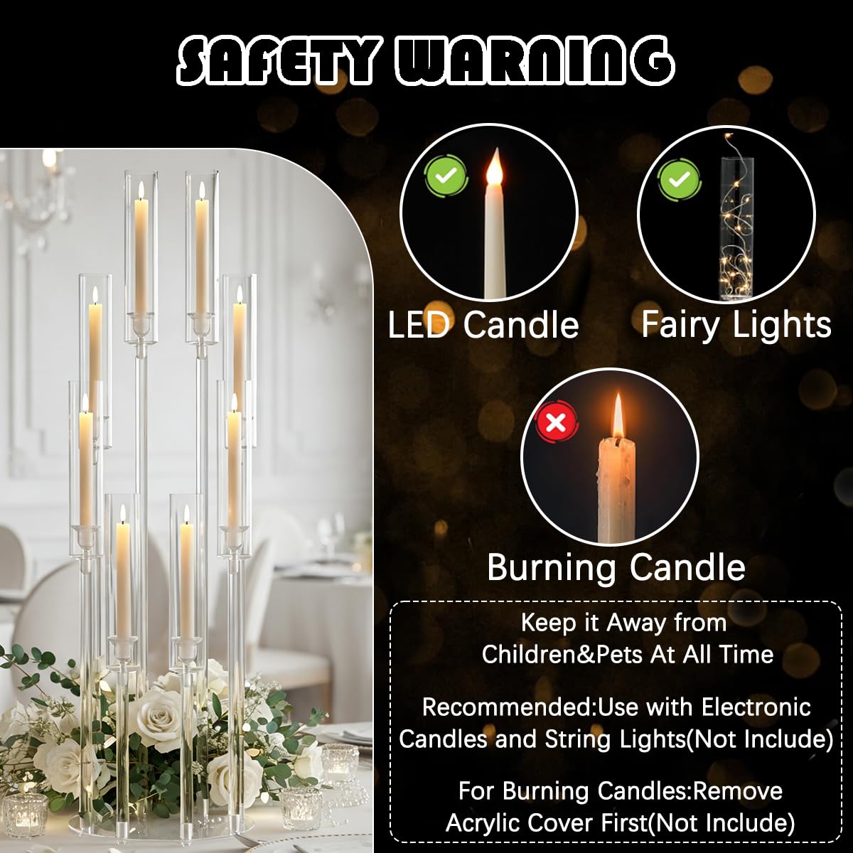 10PCS 8 Arm Acrylic Candelabra Candle Holder for Wedding,Tall Clear Candlestick Holders with Shade for Tables Party Grand Event Valentine's Day Dinner Decoration (Fit 0.8" Led Candles)