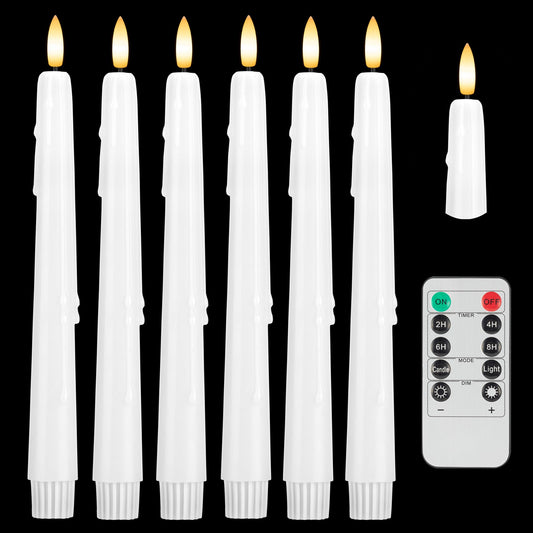 SEHNSY Dripless Flameless Taper Candles 9.6", Battery Operated LED Candles with Remote and Timer, Unique Candlesticks with 3D Flame for Wedding Decor, 6 Pack White