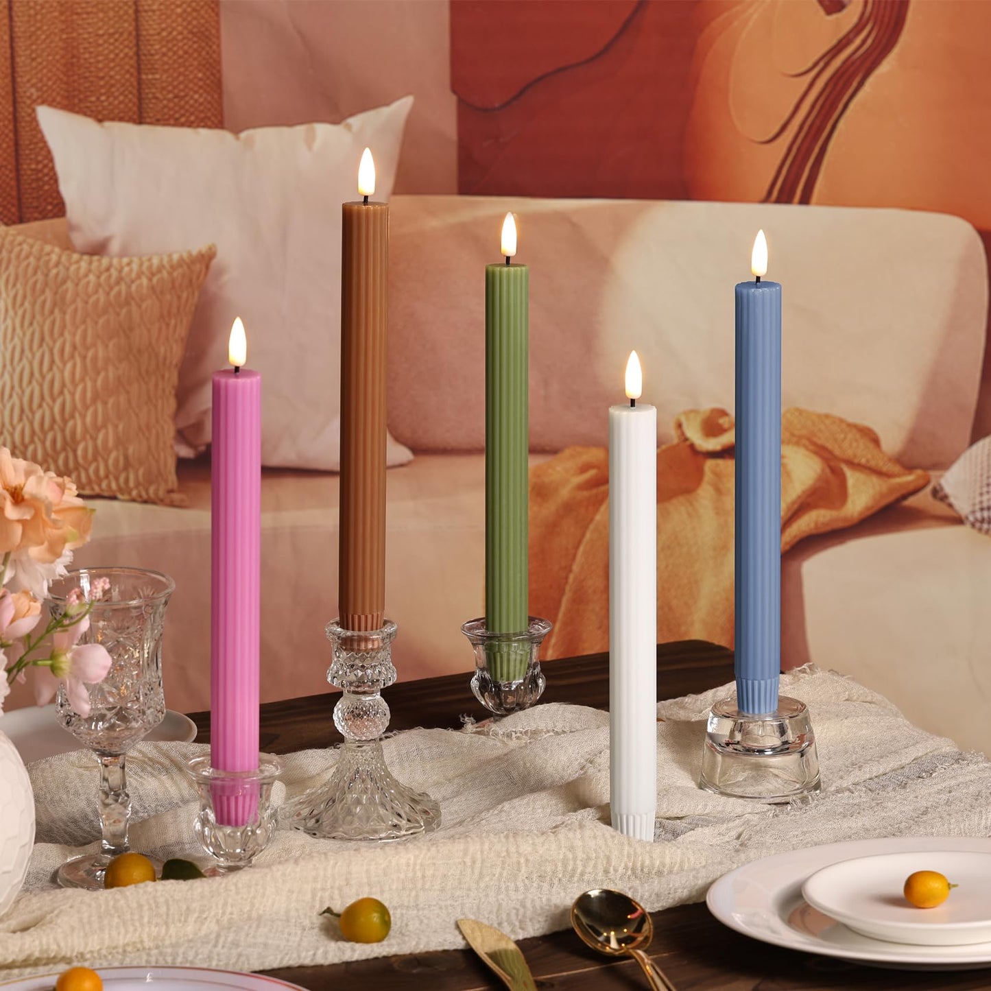 Girimax Dusty Blue Ribbed Fluted Flameless Taper Candles with Remote, Flickering Battery LED Wax Candlesticks Wedding Home Decor Set of 4